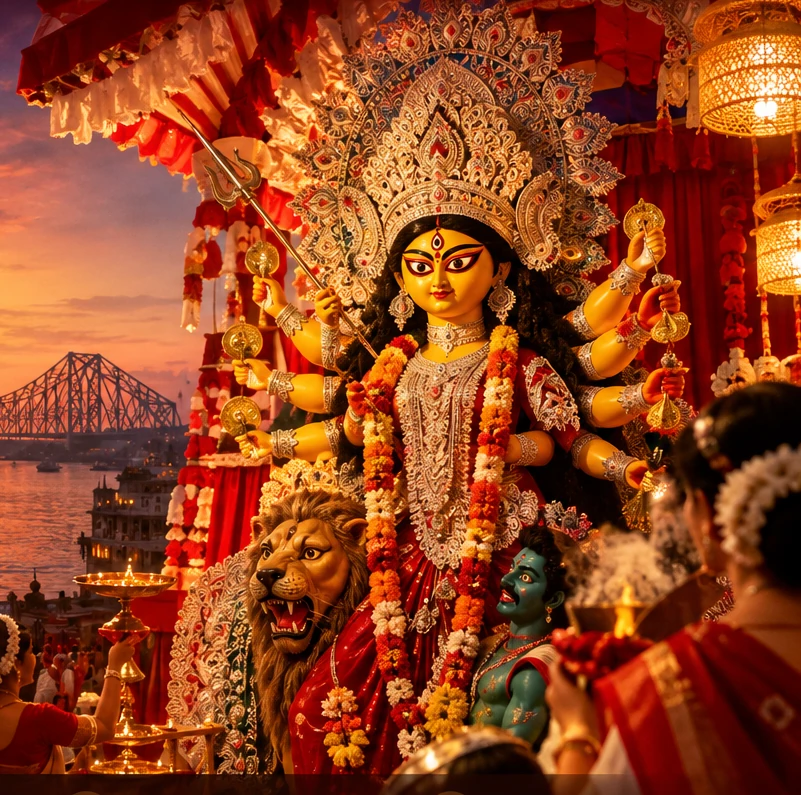 Illuminated Maa Durga idol at a Kolkata Durga Puja pandal at sunset